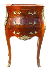 A French Louis XV-style marquetry inlaid bedside table with missing marble top
