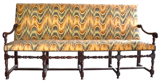 Antique French Louis XIII Sofa with polychrome herringbone trim fabric