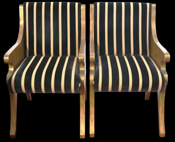 Two Vintage black and gold striped armchairs Empire or Regency style,