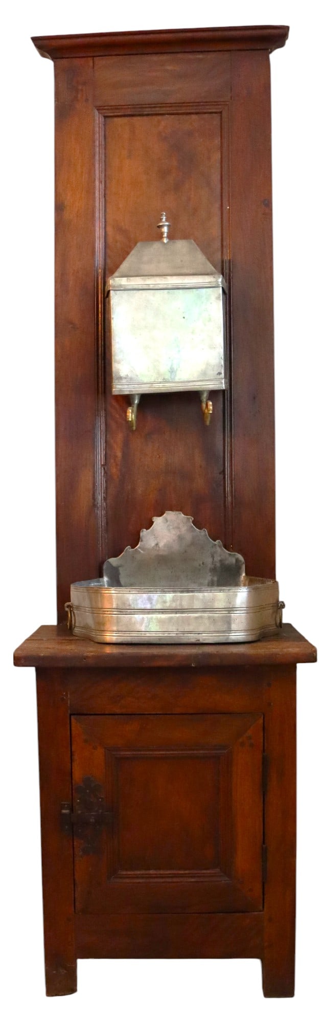 A French 18th century Lavabo in oak mounted pewter water container and basin with cabinet below.: A French 18th century Lavabo in oak mounted pewter water container and basin with cabinet below. DIMENSIONS: Height: 79.75 inch / 203 cm &