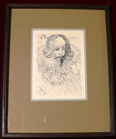 Framed etching by Salvador Dali is a portrait of Miguel de Cervantes Saavedra