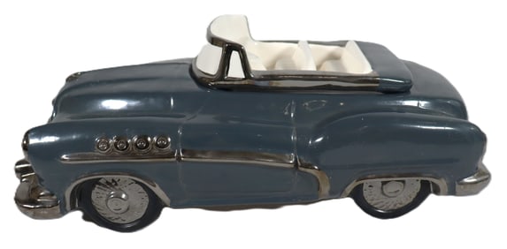 Vintage Ceramic Buick Convertible Blue gray with chrome accents and a white interior