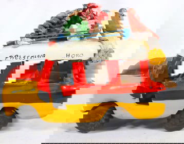 Vintage  handmade folk art clay figurine of a Colombian "chiva" bus.