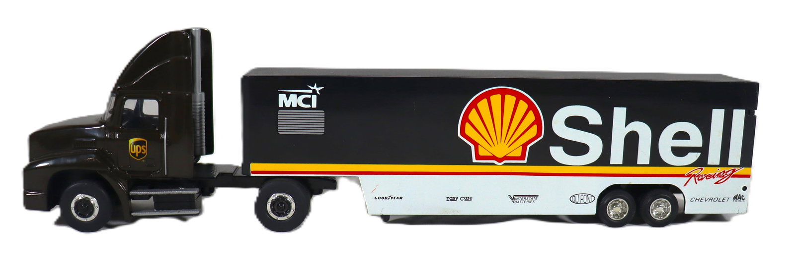 Vintage Shell Racing Transporter trailer model with Mack Anthem UPS die-cast tractor-trailer cab.: Vintage Shell Racing Transporter trailer model with Mack Anthem UPS die-cast tractor-trailer cab. Shipping: Basel Auction House will refer local third-party USA and international shippers. Purch