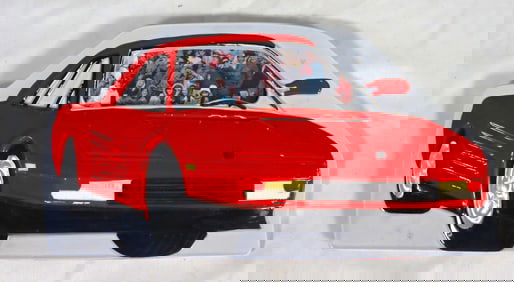 Vintage ceramic plaque featuring an image of a red Ferrari Testarossa sports car with a photo