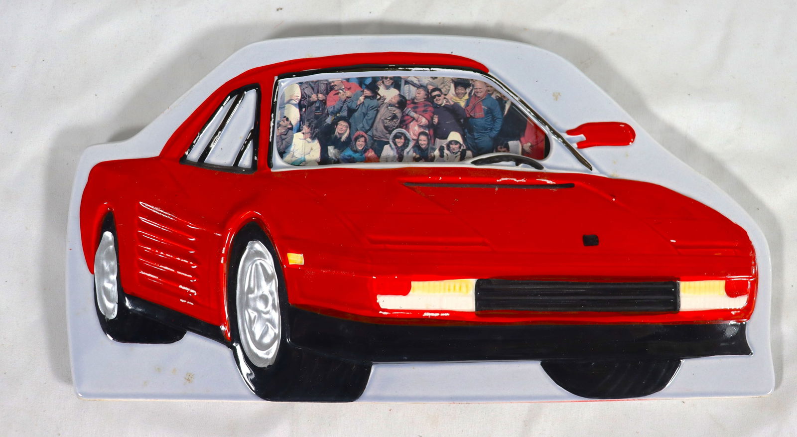 Vintage ceramic plaque featuring an image of a red Ferrari Testarossa sports car with a photo (1 of 6)