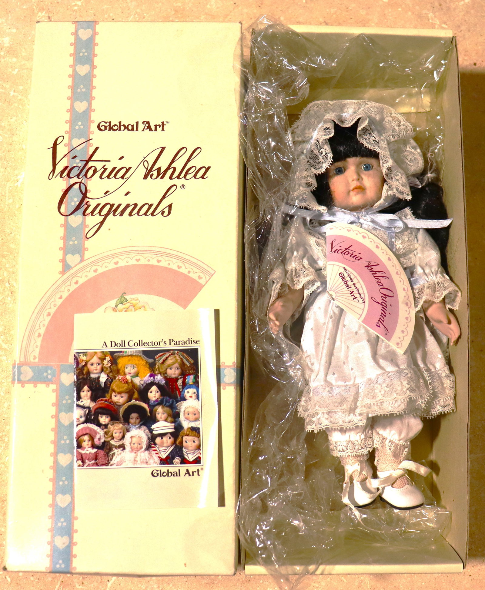 Vintage Victoria Ashlea Originals collectible porcelain doll by Global Art. with box: Vintage Victoria Ashlea Originals collectible porcelain doll by Global Art. The doll is packaged in its original box, which identifies the manufacturer and collection name. DIMENSIONS: