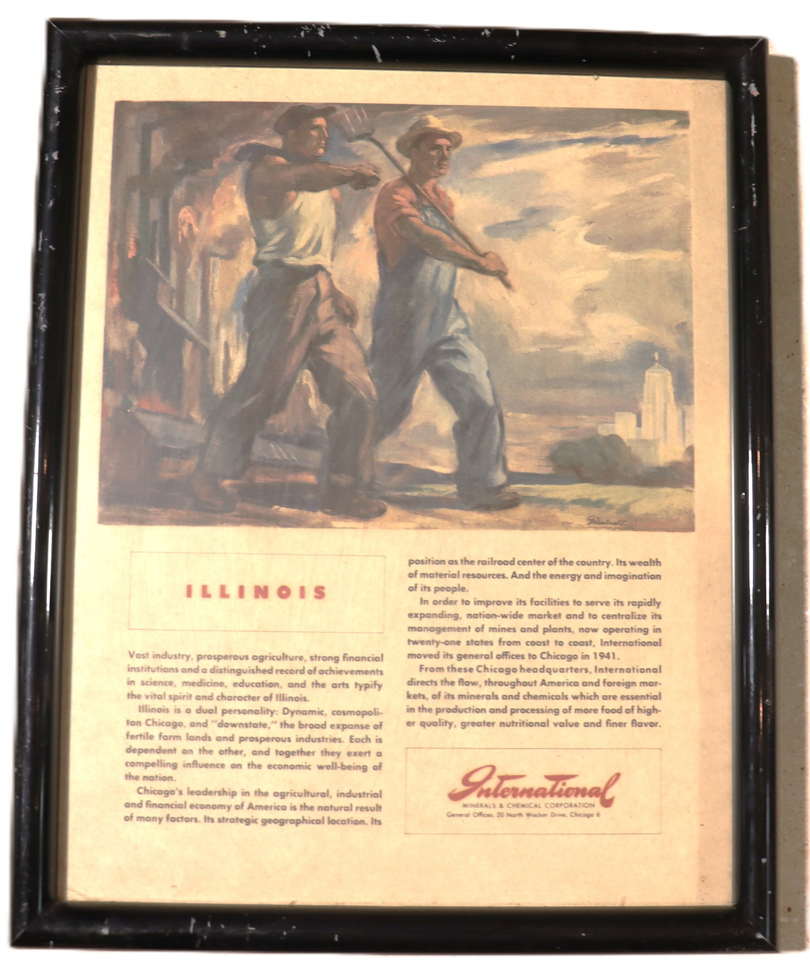 Framed Vintage 1941 advertisement for the International Minerals & Chemical Corporation,:  Framed Vintage 1941 advertisement for the International Minerals & Chemical Corporation, DIMENSIONS with Frame: Height: 14 inch / 35,5 cm 