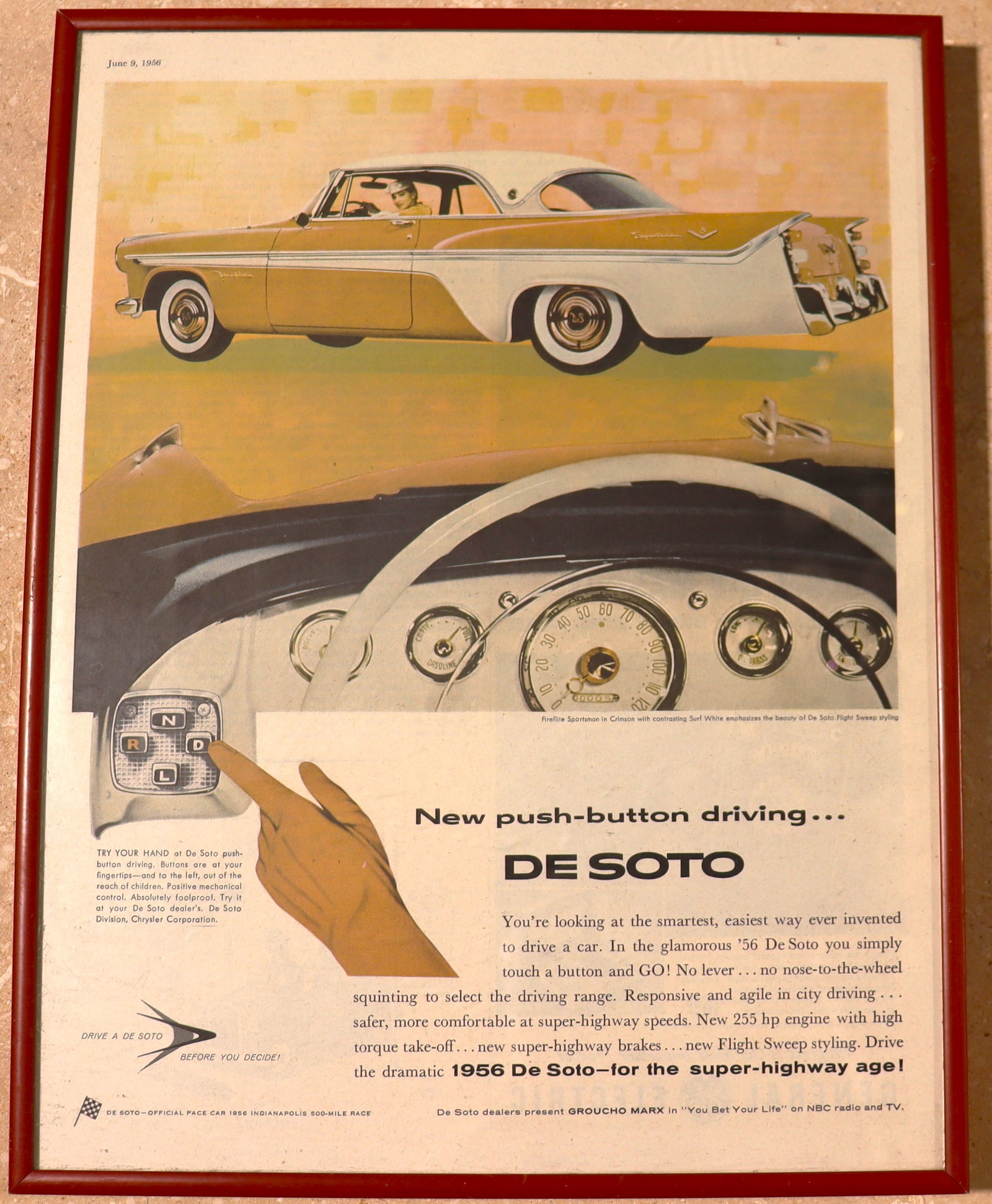 Framed advertisement for the 1956 DeSoto, highlighting its new features, particularly the (1 of 5)