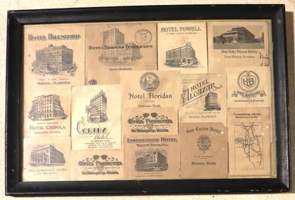 Framed collection features vintage memorabilia from various historic hotels across Florida
