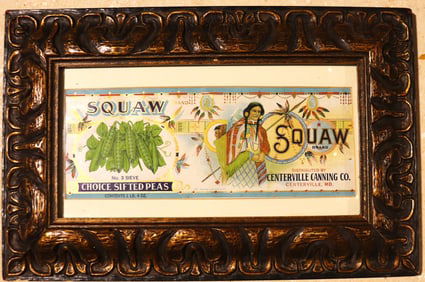 Framed  vintage Squaw Brand Choice Sifted Peas can label, originally used by the Centerville Canning