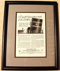 Framed vintage advertisement for the Cuba Mail Line steamship company,