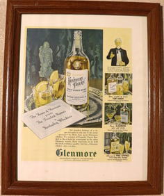 Framed vintage advertisement from around 1938 for Glenmore Distilleries' whiskies, primarily