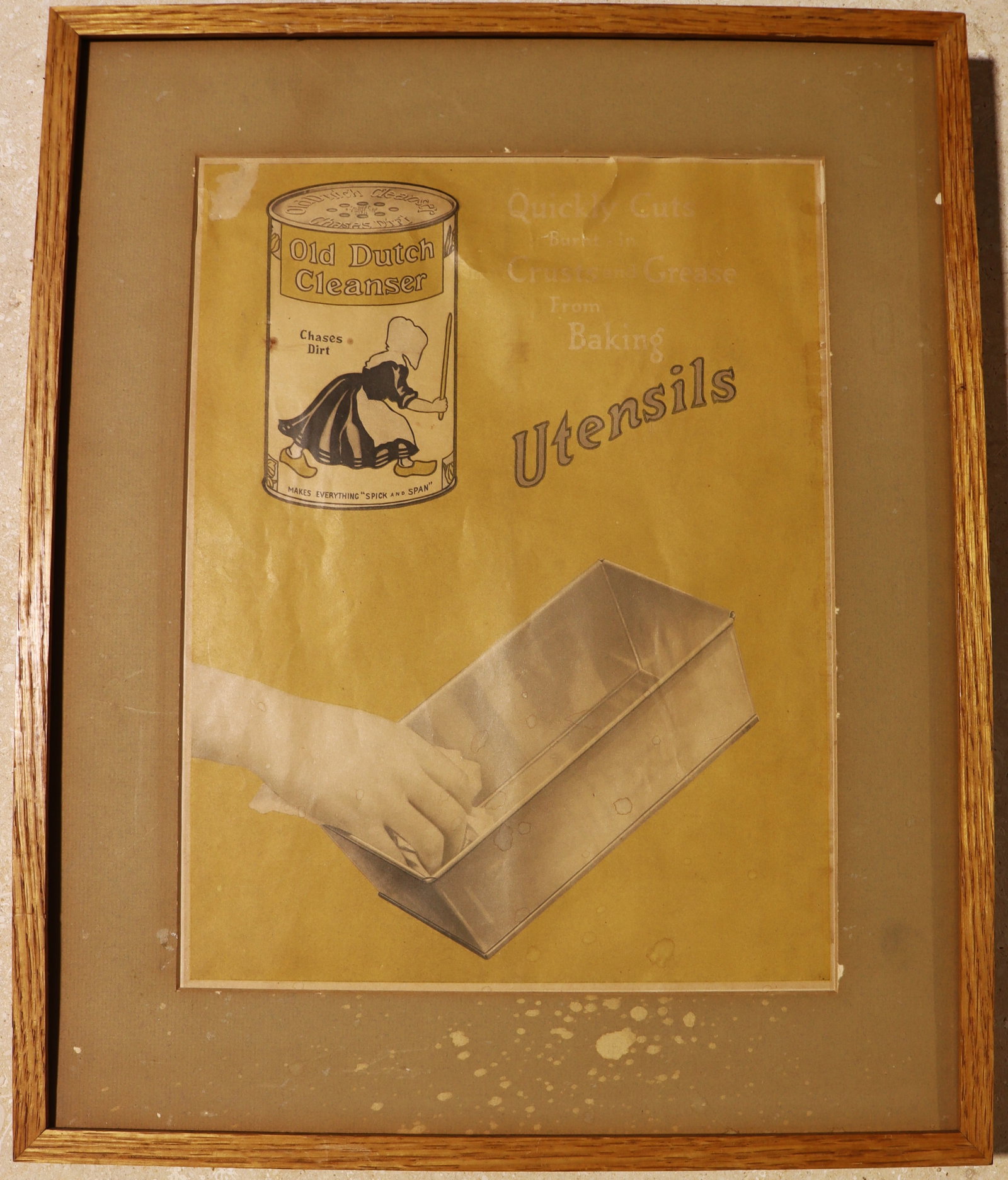 Framed vintage print advertisement for Old Dutch Cleanser,:  Framed vintage print advertisement for Old Dutch Cleanser, The ad features the iconic "Chases Dirt" logo with the Dutch woman. It promotes the product's effectivene