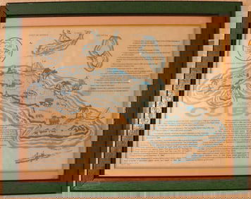 Framed pictorial map of Cuba, providing a summary of its history and geography.