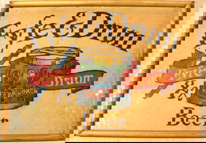 Framed vintage Fyfe & Drum Beer sign, which is an item of breweriana