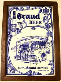 Framed vintage Royal Brand Brewery "Brand Beer" framed ceramic tile sign