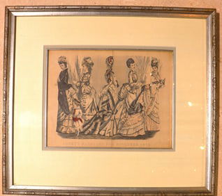 Framed print of Godey's Fashions for November 1875, an antique Victorian-era fashion plate.