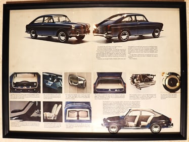Framed vintage sales brochure for the Volkswagen Type 3 Fastback, also known as the VW 1600