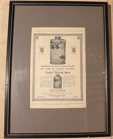 Framed vintage advertisement for Violet Talc Powder, originally produced by the Harmon-Jenks