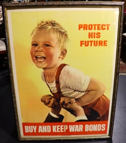 Framed iconic World War II U.S. War Bonds propaganda poster titled "Protect His Future. Buy and Keep