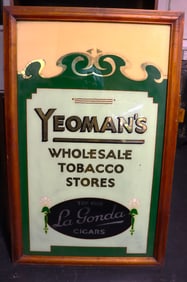 vintage advertising sign for "YEOMAN'S WHOLESALE TOBACCO STORES" promoting "La Gonda CIGARS".