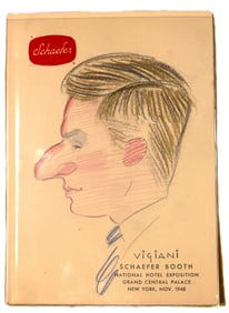 Vintage vintage caricature drawing created by artist Vigiani at the Schaefer Brewing Company booth