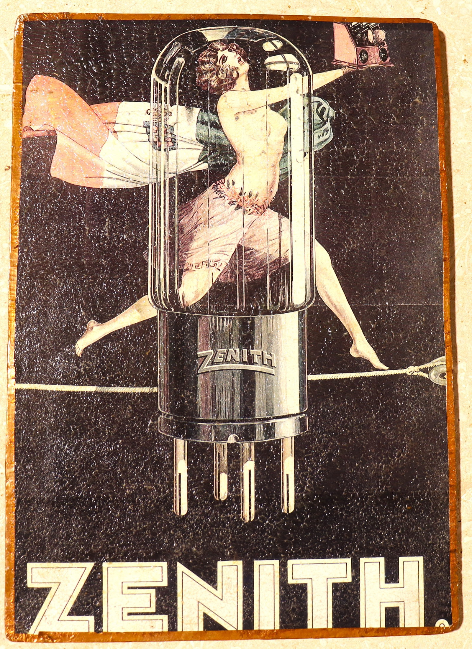 Wooden vintage Zenith vacuum tube advertisement: Wooden vintage Zenith vacuum tube advertisement It features a stylized woman seemingly running within a large vacuum tube, holding what appears to be a camera. DIMENSIONS with Frame: