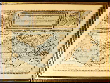 Framed reproduction of the 1570 world map, Typus Orbis Terrarum, by Abraham Ortelius.