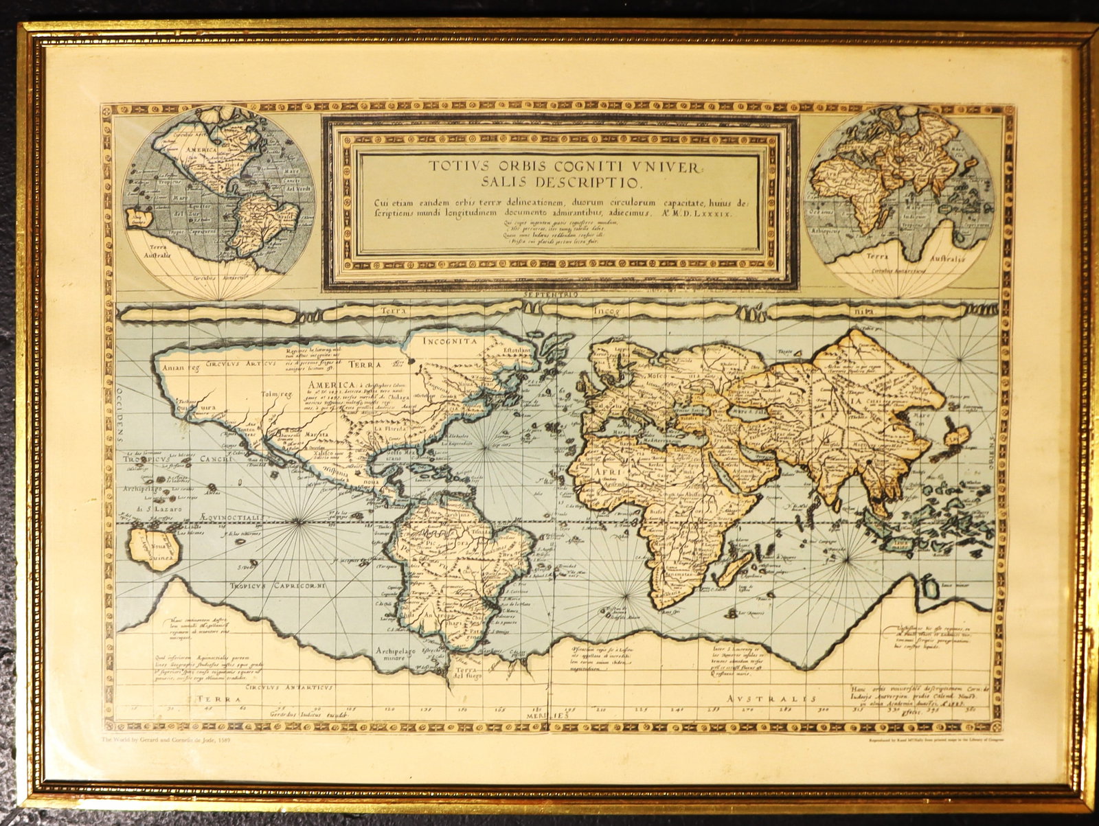 Framed reproduction of the 1570 world map, Typus Orbis Terrarum, by Abraham Ortelius. (1 of 4)