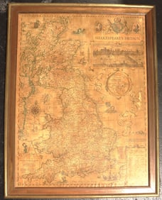 Framed vintage "Shakespeare's Britain" map, originally published by the National Geographic Society
