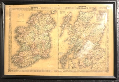 Framed reproduction of antique map of Ireland and Scotland.