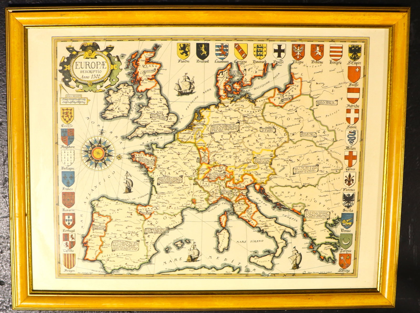 Framed reproduction of an antique map titled "Europae 1500": Framed reproduction of an antique map titled "Europae 1500"The original map depicts the political divisions and borders of Europe around the year 1500. It includes coats of arms for