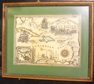 Framed vintage-style map of The West Indies and Caribbean Sea, produced by Island Workshop Inc. in