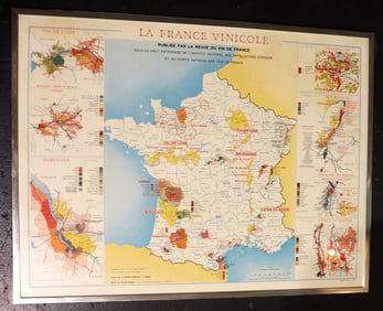 Framed vintage "La France Vinicole" wine map of France, originally published by Louis Larmat in the