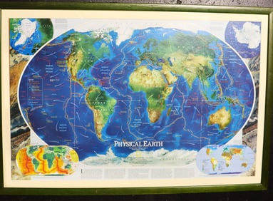 Framed National Geographic "Physical Earth" map from May 1998.