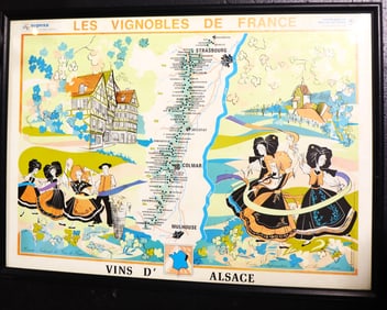 Framed vintage pictorial wine map of the Alsace wine region in France