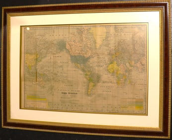 Framed vintage or antique-style world map the Mercator projection,