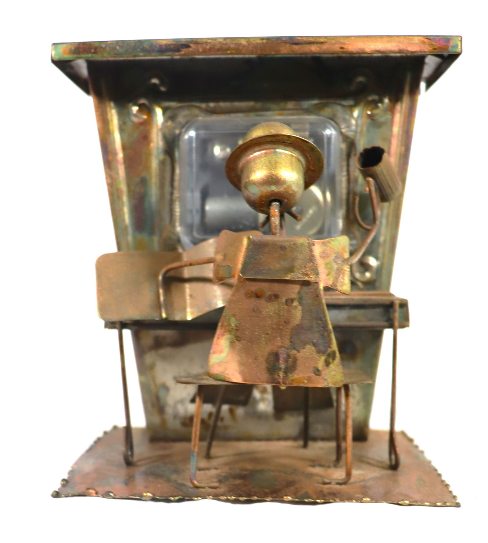 Vintage Copper Brass Tin Music Box Piano featuring a man playing an upright piano. (1 of 8)