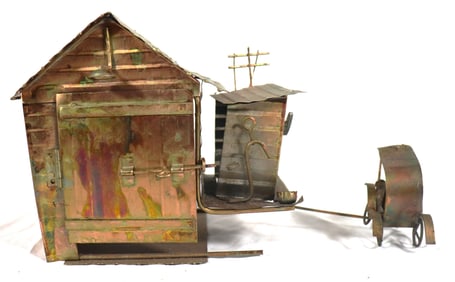 Vintage Copper Tin Music Box Barn with Coach Car made in Hong Kong