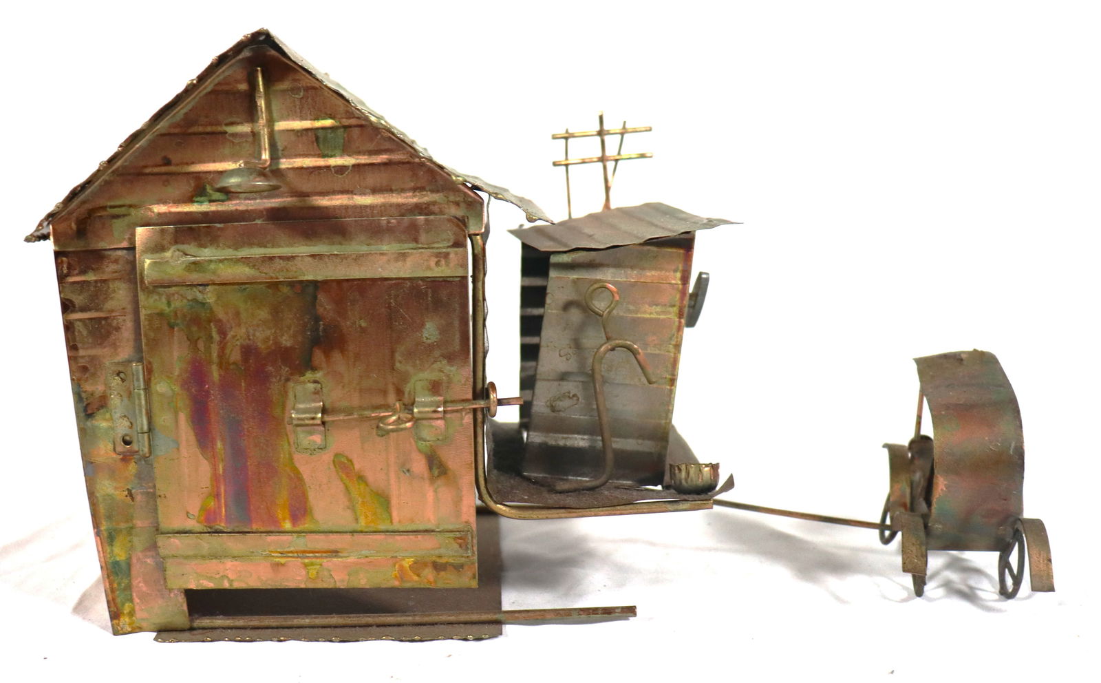 Vintage Copper Tin Music Box Barn with Coach Car made in Hong Kong (1 of 10)