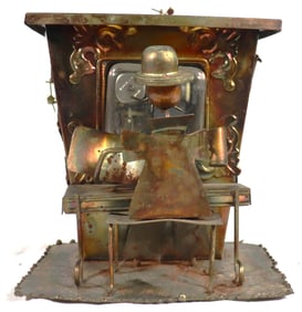 Vintage Copper Brass Tin Music Box Piano featuring a man playing an upright piano.