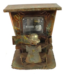 Vintage Copper Brass Tin Music Box Piano featuring a man playing an upright piano.