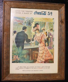 Framed Vintage Coca-Cola advertisement print from 1906 titled "After the Theatre"