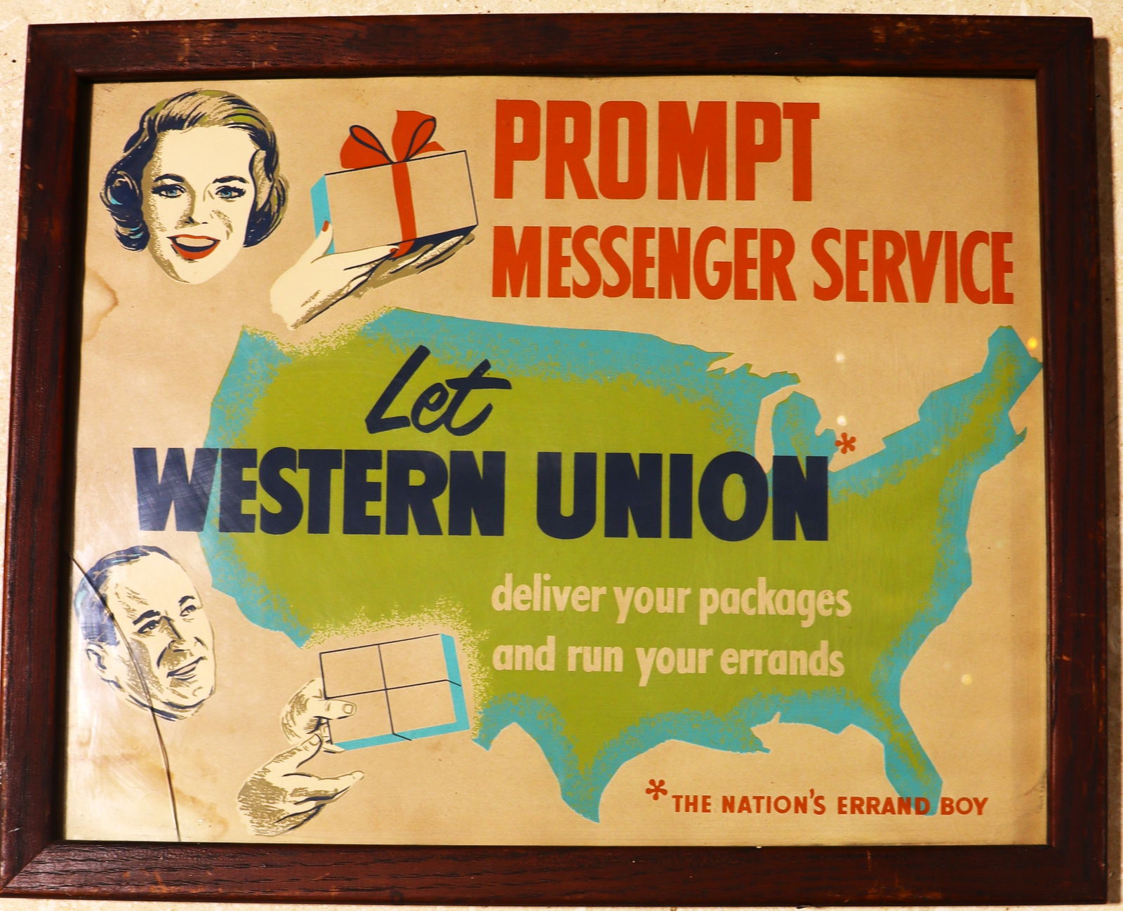 Framed Vintage Advertising for Prompt Messenger Service by Western Union: Framed Vintage Advertising for Prompt Messenger Service by Western Union (glass broken) The image is a vintage advertisement for Western Union's "Prompt Messenger Service,"