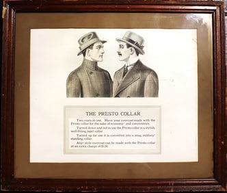 Framed Vintage Advertising for a men's coat feature known as The Presto Collar