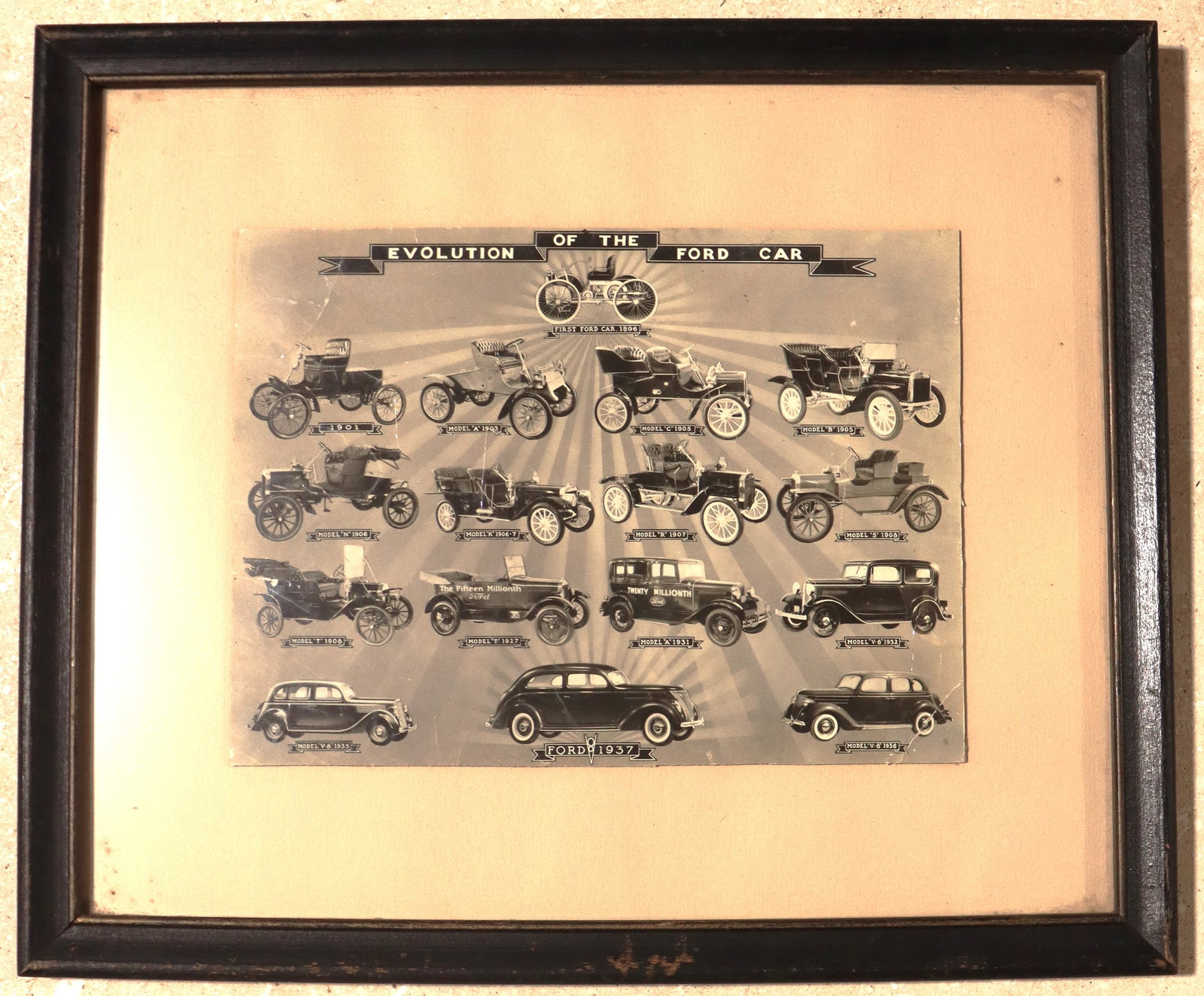 Framed Vintage "Evolution of the Ford Car" for the Ford Motor Company.: Framed Vintage "Evolution of the Ford Car" for the Ford Motor Company.This is a vintage "Evolution of the Ford Car" print, likely a promotional or historical chart from the Ford