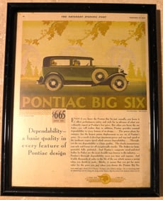 Framed Vintage Advertising for the 1930 Pontiac Big Six.