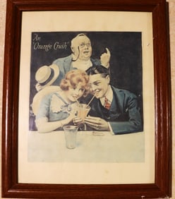 Framed Vintage Advertising for the Orange Crush soda company, illustration by Norman Rockwell