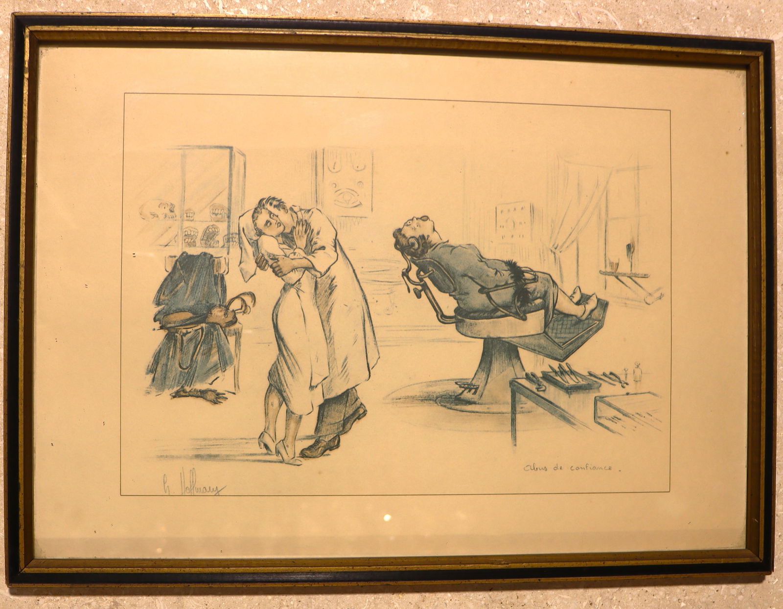 Framed Vintage print of "The Extraction" is a satirical lithograph by the artist Gaston Hoffmann: Framed Vintage print of "The Extraction" is a satirical lithograph by the artist Gaston Hoffmann "The Extraction" is a satirical lithograph by the artist Gaston